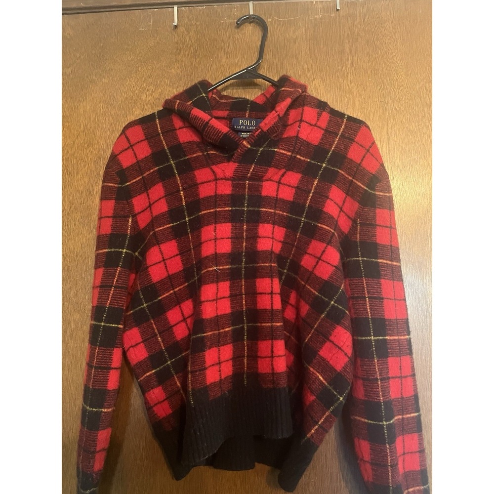 Polo‎ Ralph Lauren | Red & Black Plaid Lambswool Sweater | Shawl Collar | READ